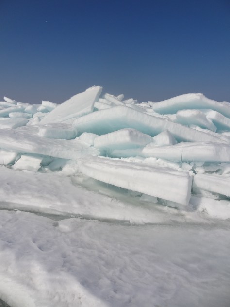 Huge chunks of ice piled atop eachother off of Wisconsin Point, Superior WI