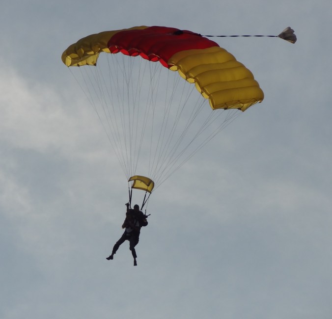 Duluth Mayor Don Ness in a tandem sky dive for the opening ceremonies of the Lark O'the Lake Festival.