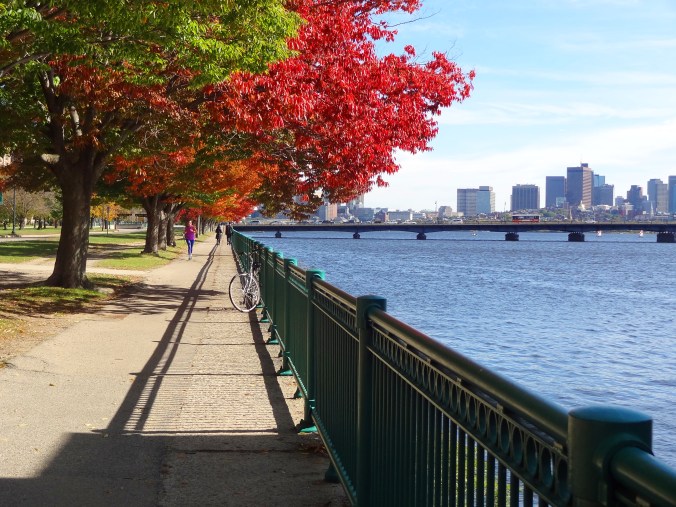 Jogger approaching (wearing spandex) along the Charles River in Cambridge, Mass.
